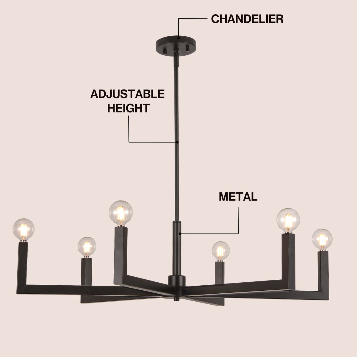 Darcy 35" 6-Light Grand Modern Industrial Adjustable Geometric Architectural Square-Arm Candle-Style Metal LED Chandelier