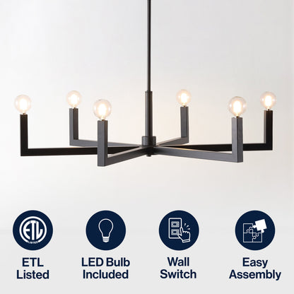 Darcy 35" 6-Light Grand Modern Industrial Adjustable Geometric Architectural Square-Arm Candle-Style Metal LED Chandelier