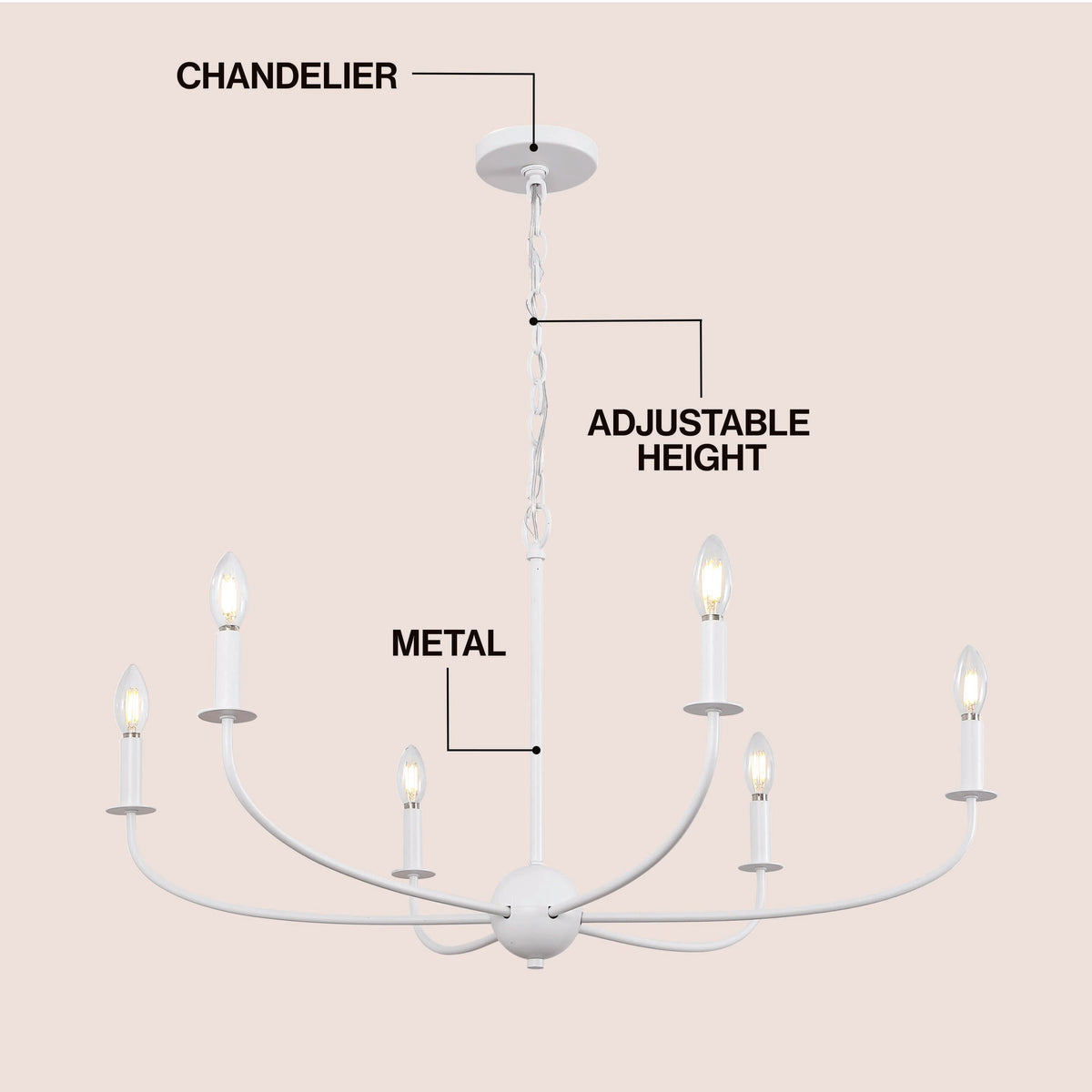 Ainsley 35" 6-Light Grand Traditional Farmhouse Adjustable Swooping Arm Candle-Style Metal LED Chandelier