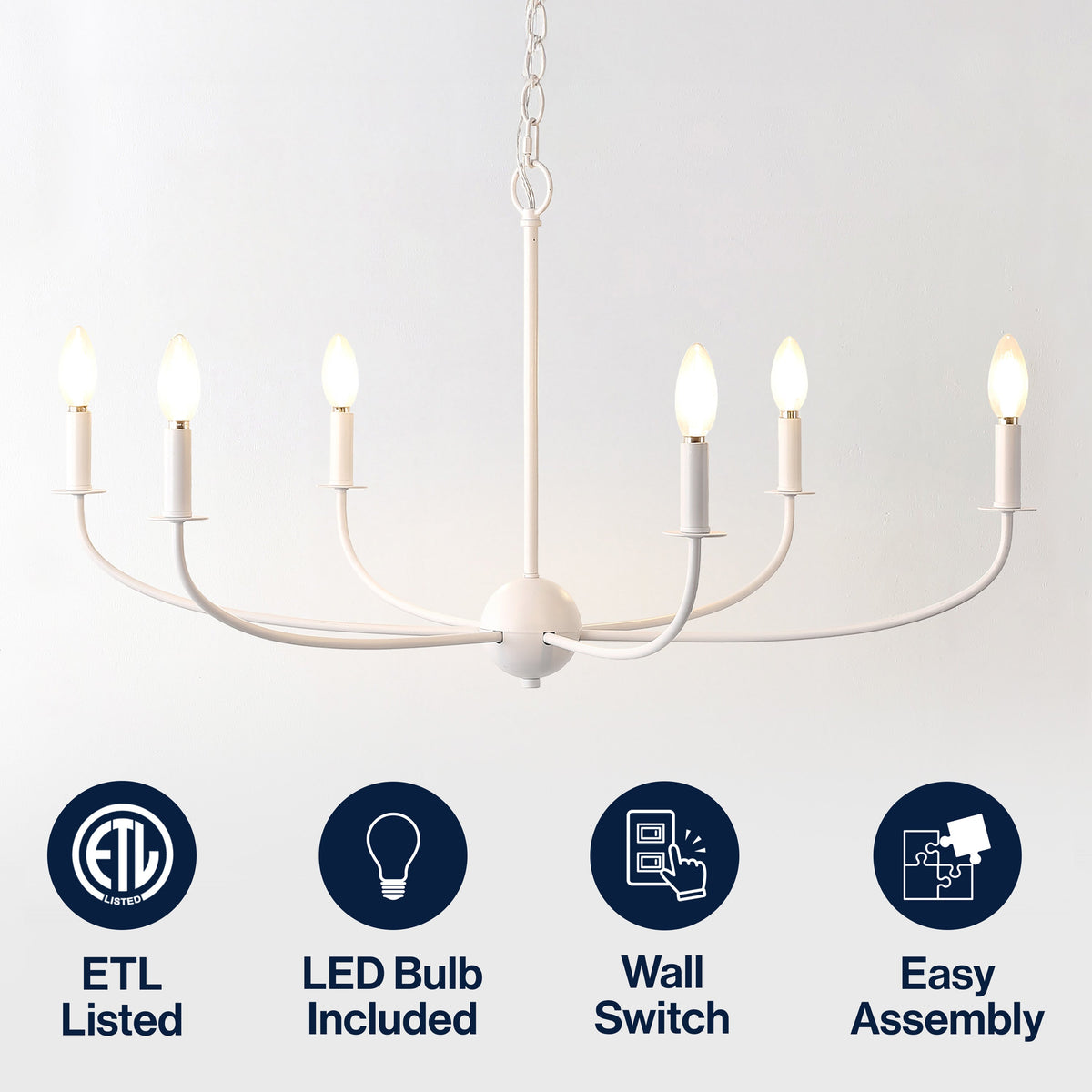 Ainsley 35" 6-Light Grand Traditional Farmhouse Adjustable Swooping Arm Candle-Style Metal LED Chandelier