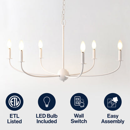 Ainsley 35" 6-Light Grand Traditional Farmhouse Adjustable Swooping Arm Candle-Style Metal LED Chandelier