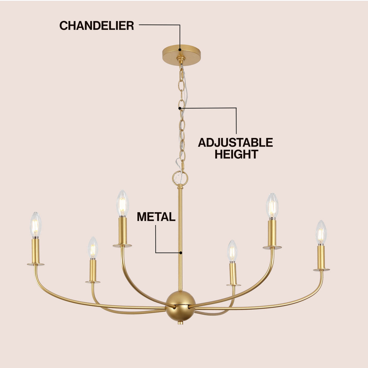 Ainsley 35" 6-Light Grand Traditional Farmhouse Adjustable Swooping Arm Candle-Style Metal LED Chandelier
