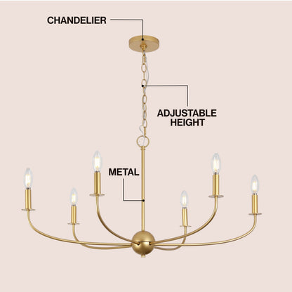 Ainsley 35" 6-Light Grand Traditional Farmhouse Adjustable Swooping Arm Candle-Style Metal LED Chandelier