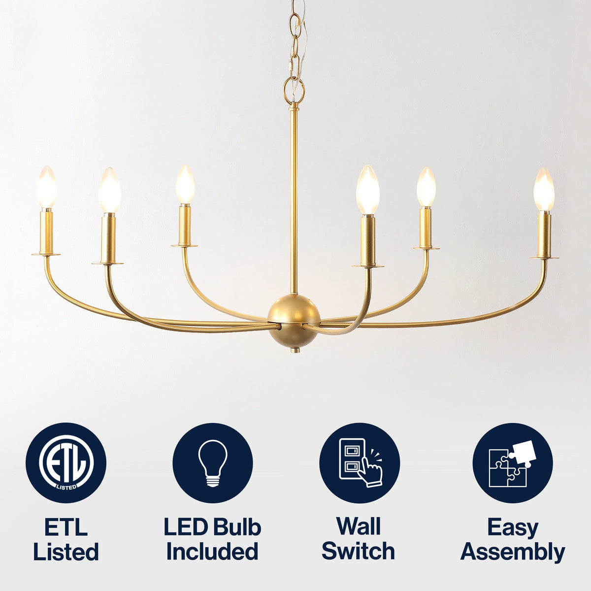 Ainsley 35" 6-Light Grand Traditional Farmhouse Adjustable Swooping Arm Candle-Style Metal LED Chandelier