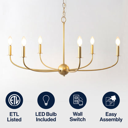 Ainsley 35" 6-Light Grand Traditional Farmhouse Adjustable Swooping Arm Candle-Style Metal LED Chandelier