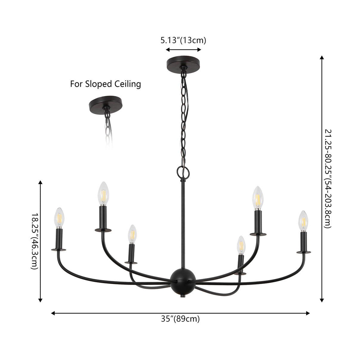 Ainsley 35" 6-Light Grand Traditional Farmhouse Adjustable Swooping Arm Candle-Style Metal LED Chandelier