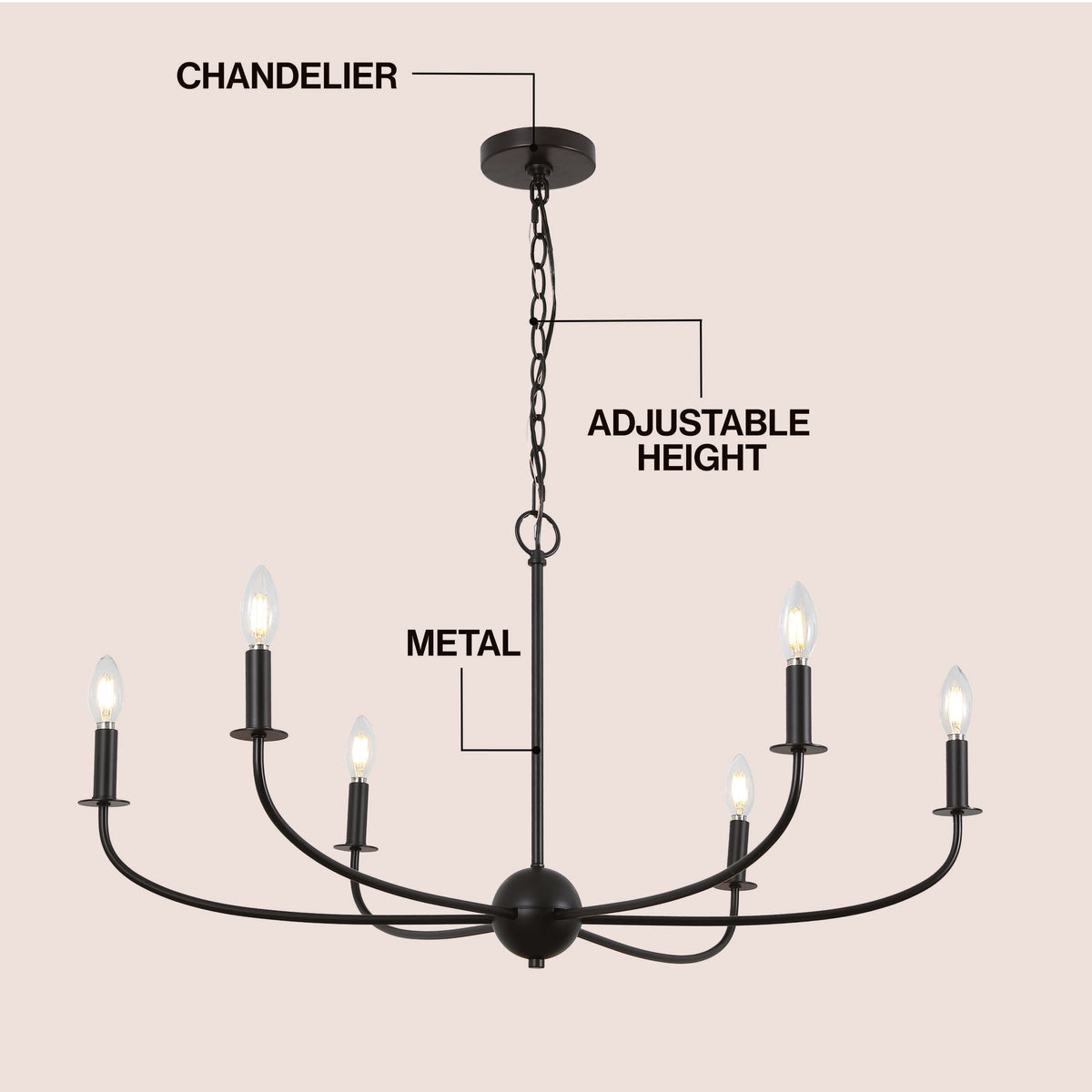 Ainsley 35" 6-Light Grand Traditional Farmhouse Adjustable Swooping Arm Candle-Style Metal LED Chandelier