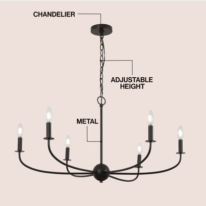 Ainsley 35" 6-Light Grand Traditional Farmhouse Adjustable Swooping Arm Candle-Style Metal LED Chandelier
