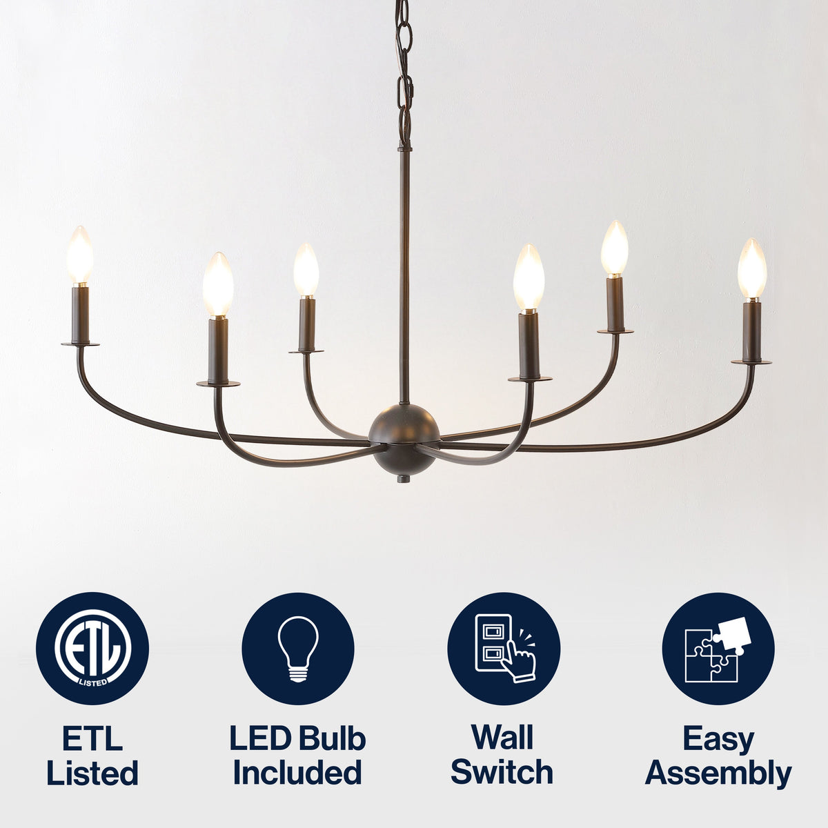 Ainsley 35" 6-Light Grand Traditional Farmhouse Adjustable Swooping Arm Candle-Style Metal LED Chandelier
