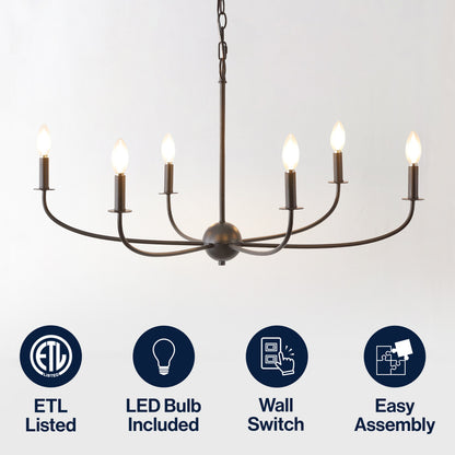 Ainsley 35" 6-Light Grand Traditional Farmhouse Adjustable Swooping Arm Candle-Style Metal LED Chandelier