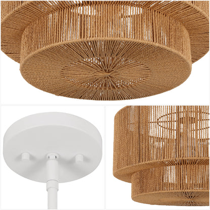 Elliott 24" 5-Light Coastal Bohemian Adjustable Metal Hand-Woven Rattan-Look Paper Rope 2-Tier Drum LED Chandelier