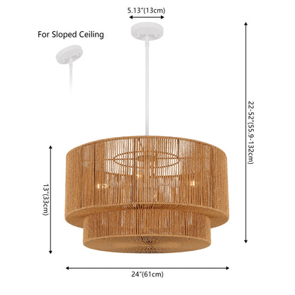 Elliott 24" 5-Light Coastal Bohemian Adjustable Metal Hand-Woven Rattan-Look Paper Rope 2-Tier Drum LED Chandelier