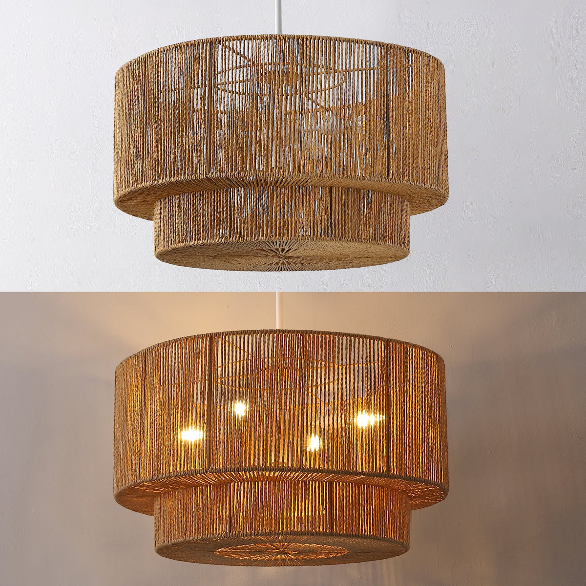 Elliott 24" 5-Light Coastal Bohemian Adjustable Metal Hand-Woven Rattan-Look Paper Rope 2-Tier Drum LED Chandelier
