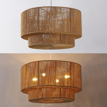 Elliott 24" 5-Light Coastal Bohemian Adjustable Metal Hand-Woven Rattan-Look Paper Rope 2-Tier Drum LED Chandelier