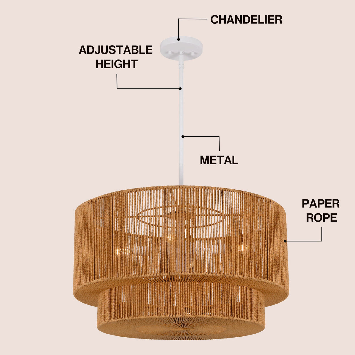 Elliott 24" 5-Light Coastal Bohemian Adjustable Metal Hand-Woven Rattan-Look Paper Rope 2-Tier Drum LED Chandelier