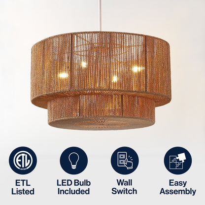 Elliott 24" 5-Light Coastal Bohemian Adjustable Metal Hand-Woven Rattan-Look Paper Rope 2-Tier Drum LED Chandelier