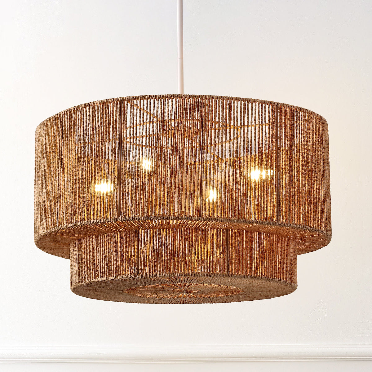 Elliott 24" 5-Light Coastal Bohemian Adjustable Metal Hand-Woven Rattan-Look Paper Rope 2-Tier Drum LED Chandelier