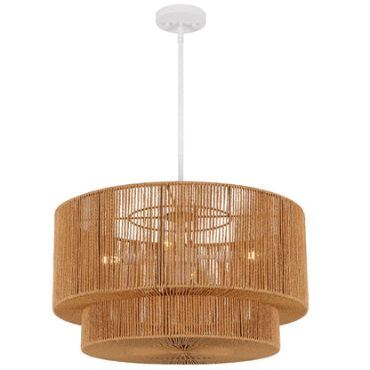 Elliott 24" 5-Light Coastal Bohemian Adjustable Metal Hand-Woven Rattan-Look Paper Rope 2-Tier Drum LED Chandelier
