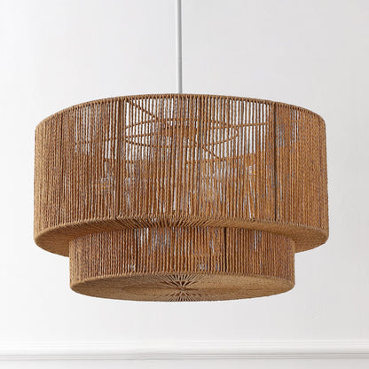 Elliott 24" 5-Light Coastal Bohemian Adjustable Metal Hand-Woven Rattan-Look Paper Rope 2-Tier Drum LED Chandelier