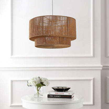 Elliott 24" 5-Light Coastal Bohemian Adjustable Metal Hand-Woven Rattan-Look Paper Rope 2-Tier Drum LED Chandelier