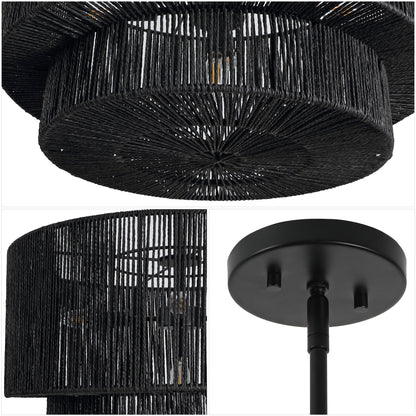 Elliott 24" 5-Light Coastal Bohemian Adjustable Metal Hand-Woven Rattan-Look Paper Rope 2-Tier Drum LED Chandelier