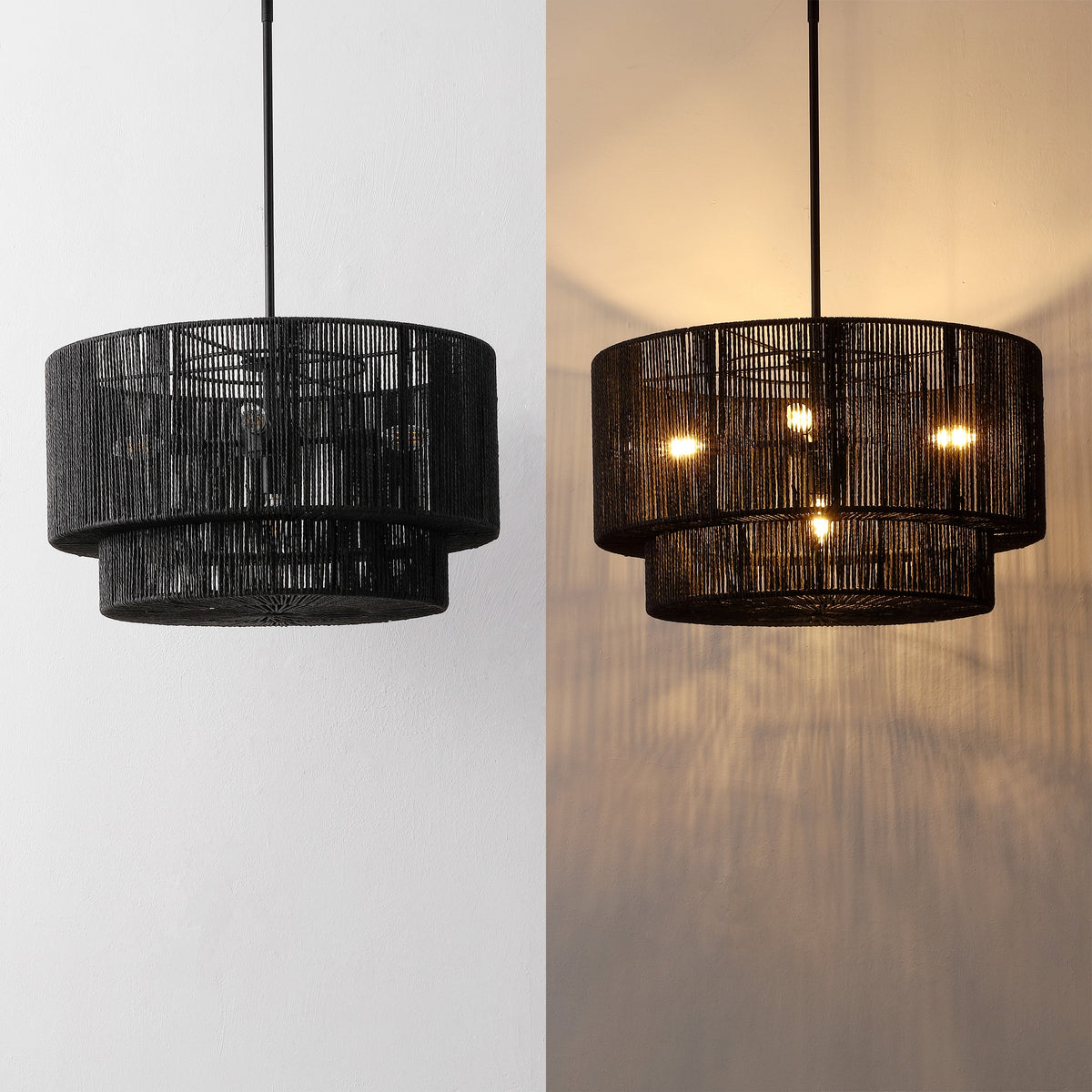 Elliott 24" 5-Light Coastal Bohemian Adjustable Metal Hand-Woven Rattan-Look Paper Rope 2-Tier Drum LED Chandelier