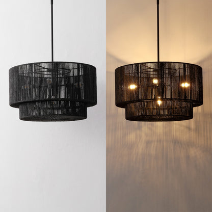 Elliott 24" 5-Light Coastal Bohemian Adjustable Metal Hand-Woven Rattan-Look Paper Rope 2-Tier Drum LED Chandelier
