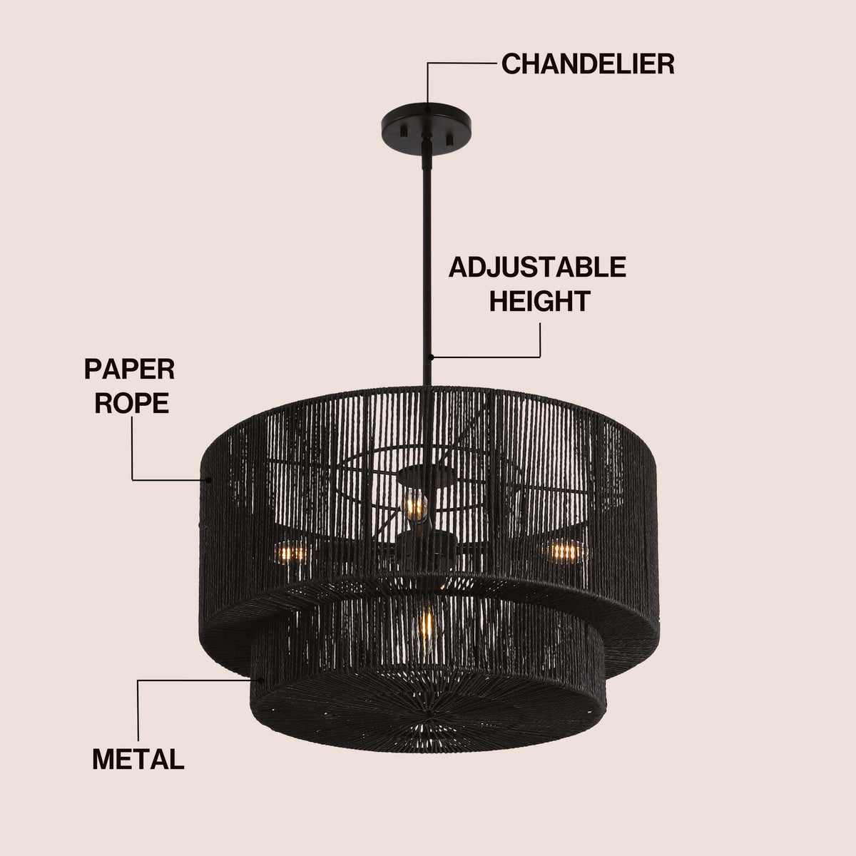 Elliott 24" 5-Light Coastal Bohemian Adjustable Metal Hand-Woven Rattan-Look Paper Rope 2-Tier Drum LED Chandelier