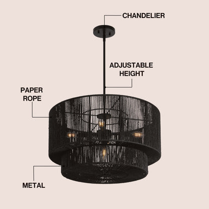 Elliott 24" 5-Light Coastal Bohemian Adjustable Metal Hand-Woven Rattan-Look Paper Rope 2-Tier Drum LED Chandelier