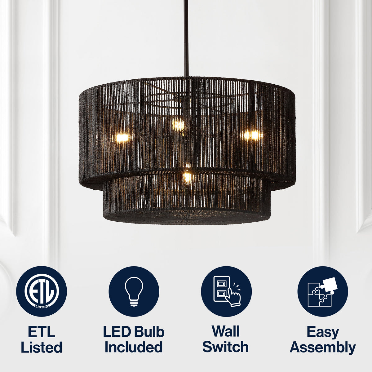 Elliott 24" 5-Light Coastal Bohemian Adjustable Metal Hand-Woven Rattan-Look Paper Rope 2-Tier Drum LED Chandelier