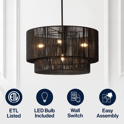 Elliott 24" 5-Light Coastal Bohemian Adjustable Metal Hand-Woven Rattan-Look Paper Rope 2-Tier Drum LED Chandelier