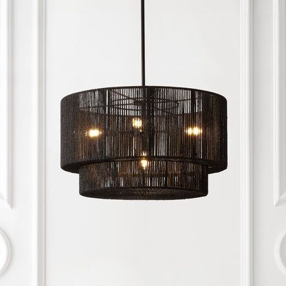 Elliott 24" 5-Light Coastal Bohemian Adjustable Metal Hand-Woven Rattan-Look Paper Rope 2-Tier Drum LED Chandelier