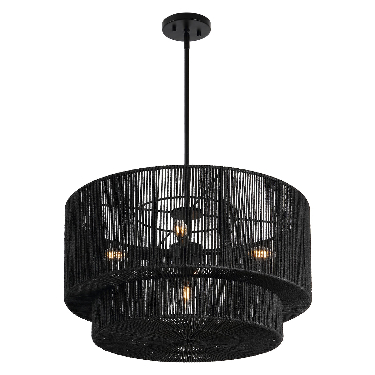 Elliott 24" 5-Light Coastal Bohemian Adjustable Metal Hand-Woven Rattan-Look Paper Rope 2-Tier Drum LED Chandelier