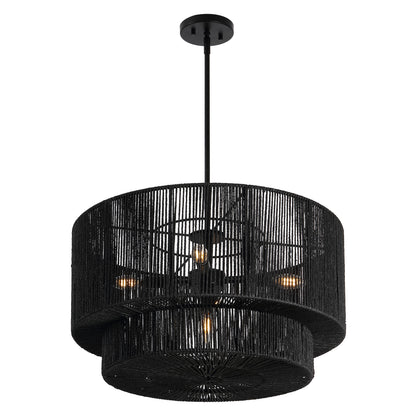 Elliott 24" 5-Light Coastal Bohemian Adjustable Metal Hand-Woven Rattan-Look Paper Rope 2-Tier Drum LED Chandelier