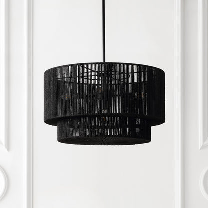 Elliott 24" 5-Light Coastal Bohemian Adjustable Metal Hand-Woven Rattan-Look Paper Rope 2-Tier Drum LED Chandelier