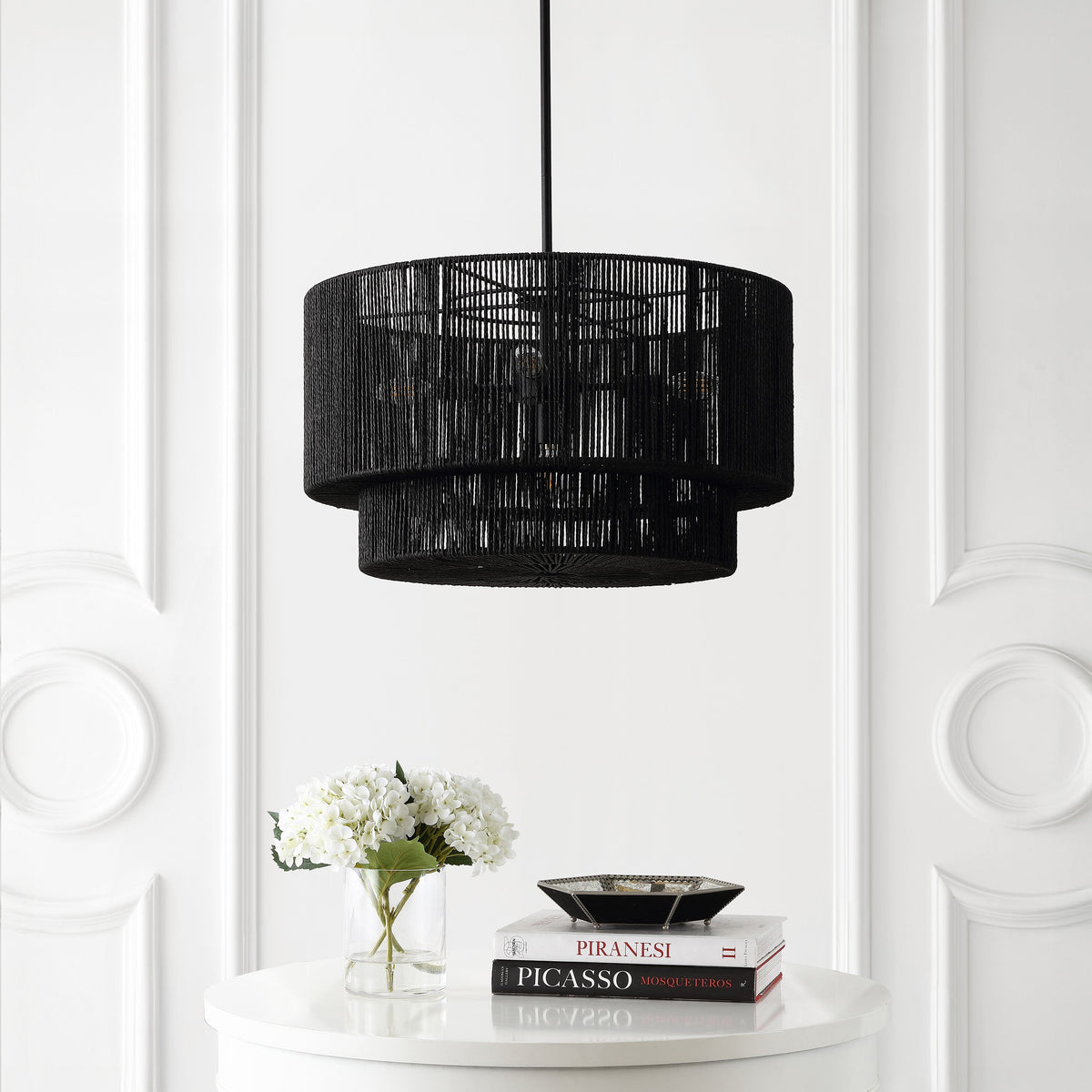 Elliott 24" 5-Light Coastal Bohemian Adjustable Metal Hand-Woven Rattan-Look Paper Rope 2-Tier Drum LED Chandelier