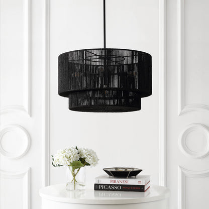 Elliott 24" 5-Light Coastal Bohemian Adjustable Metal Hand-Woven Rattan-Look Paper Rope 2-Tier Drum LED Chandelier