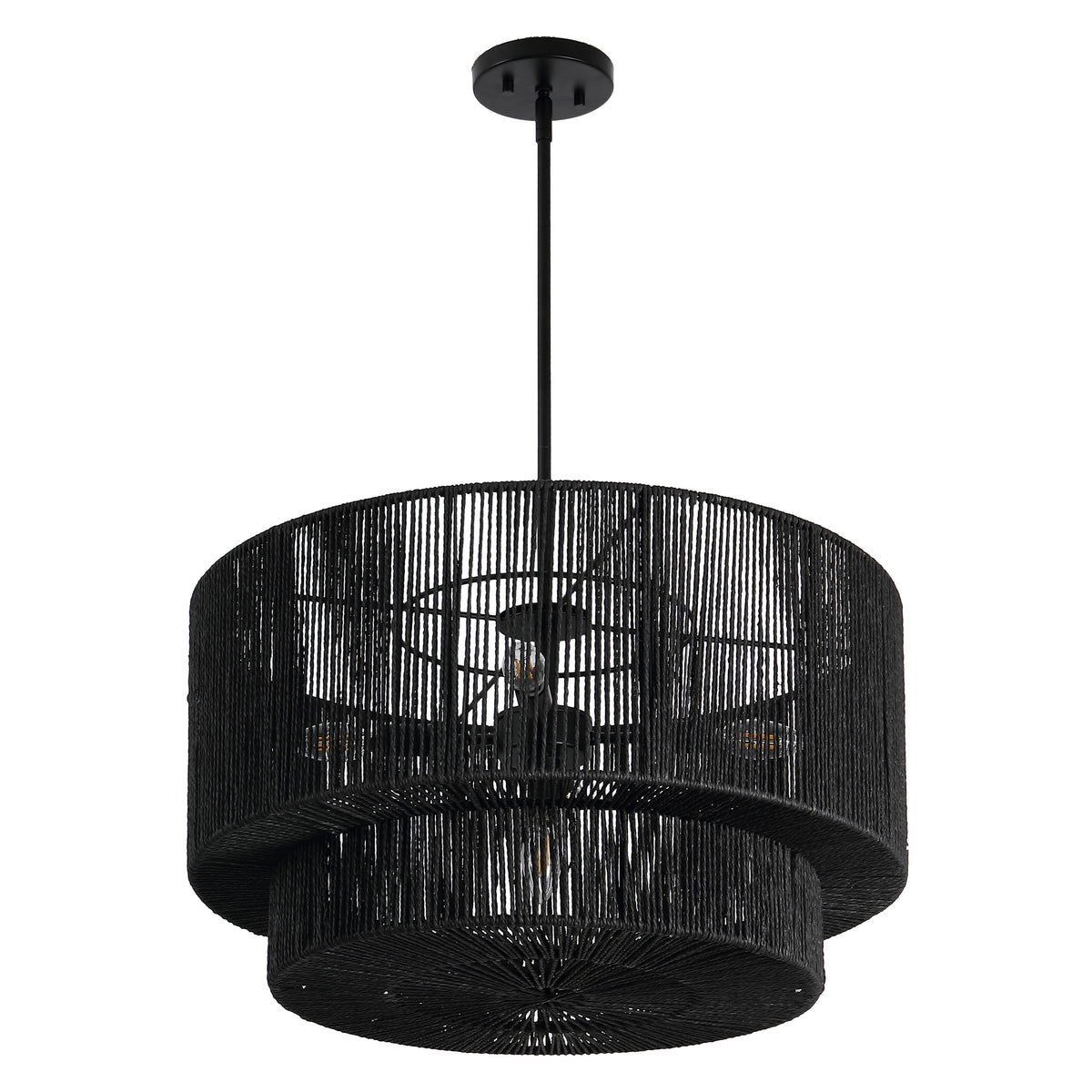 Elliott 24" 5-Light Coastal Bohemian Adjustable Metal Hand-Woven Rattan-Look Paper Rope 2-Tier Drum LED Chandelier