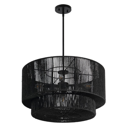 Elliott 24" 5-Light Coastal Bohemian Adjustable Metal Hand-Woven Rattan-Look Paper Rope 2-Tier Drum LED Chandelier