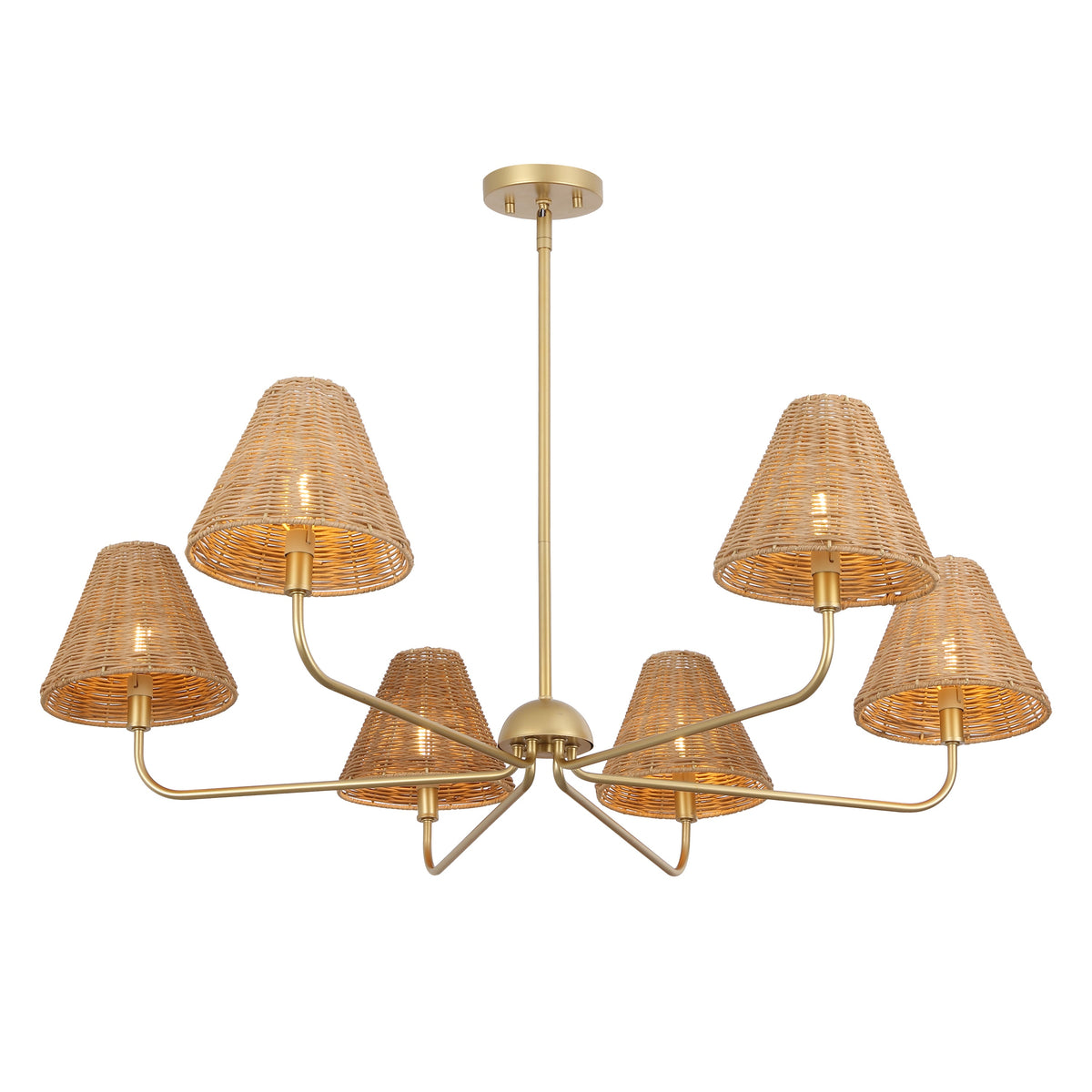 Pauline Coastal Contemporary Adjustable Swooping Arm Candle-Style Metal with Rattan Shades LED Chandelier