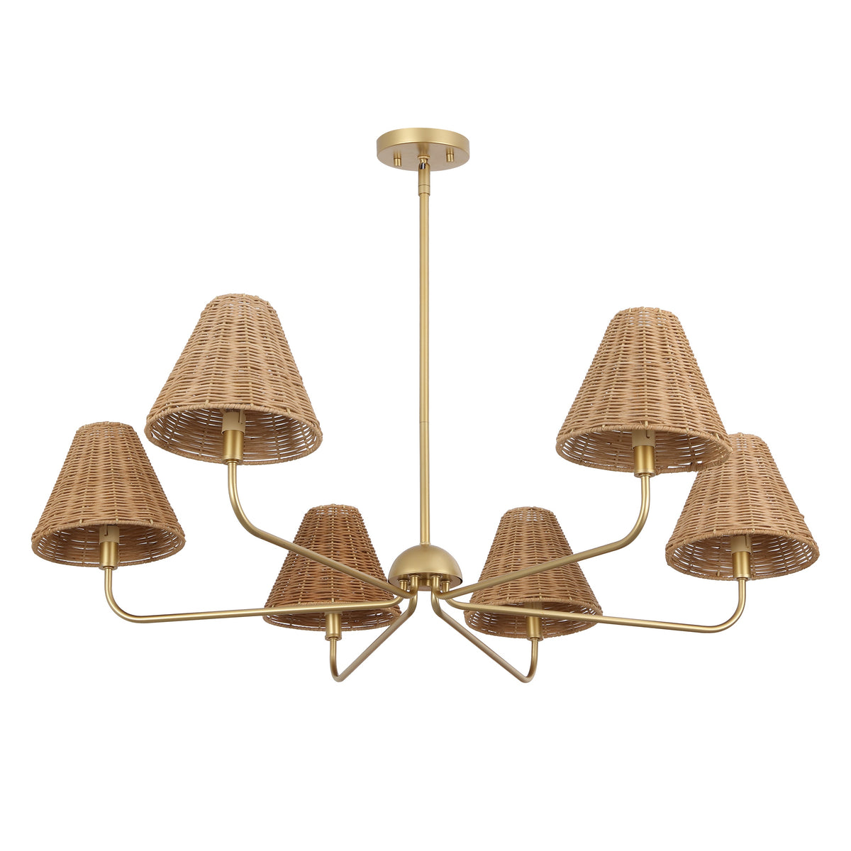 Pauline Coastal Contemporary Adjustable Swooping Arm Candle-Style Metal with Rattan Shades LED Chandelier