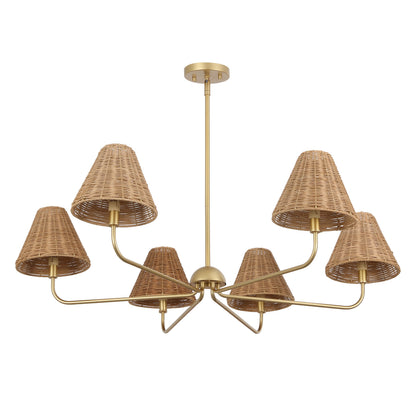 Pauline Coastal Contemporary Adjustable Swooping Arm Candle-Style Metal with Rattan Shades LED Chandelier