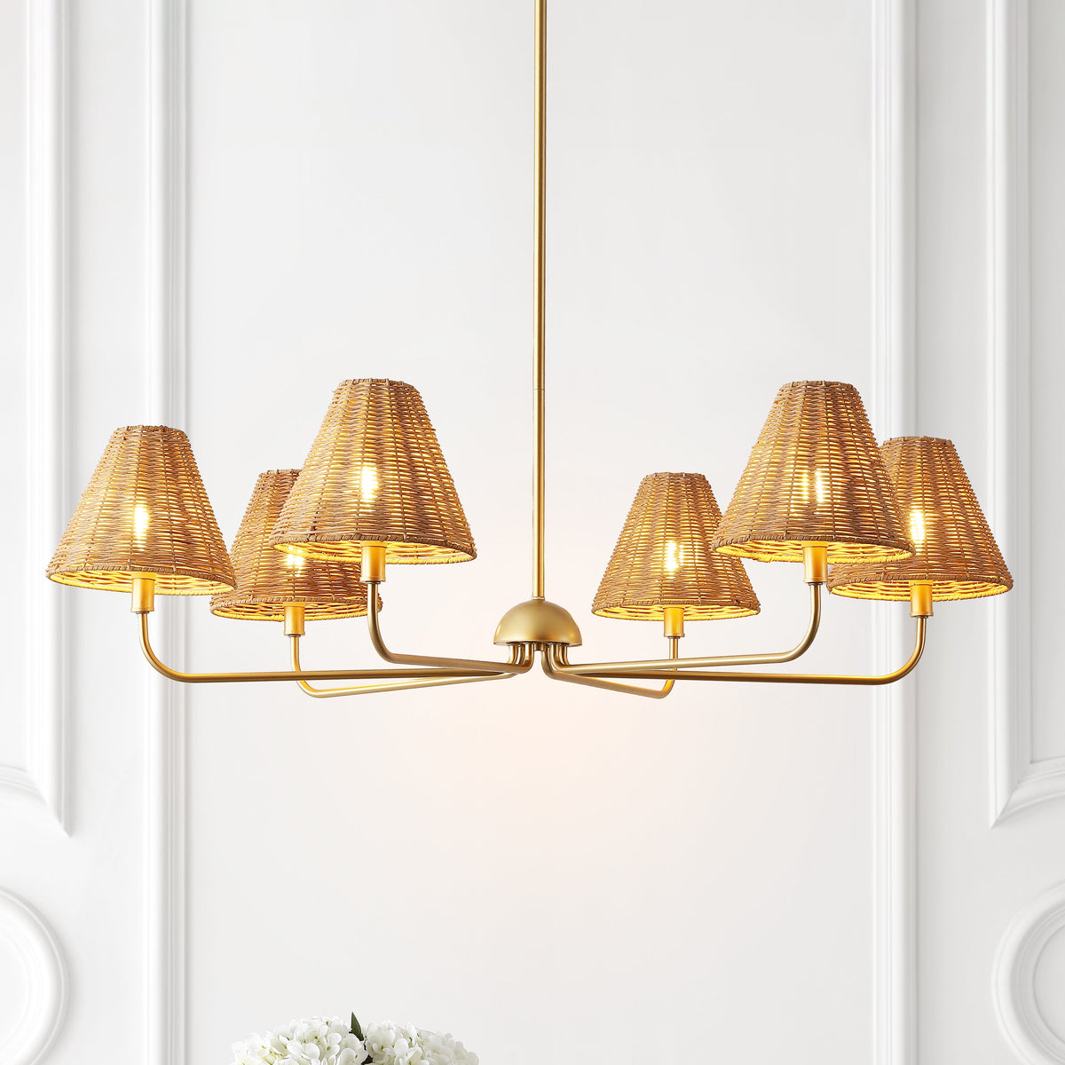 Pauline Coastal Contemporary Adjustable Swooping Arm Candle-Style Metal with Rattan Shades LED Chandelier