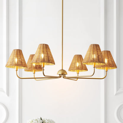 Pauline Coastal Contemporary Adjustable Swooping Arm Candle-Style Metal with Rattan Shades LED Chandelier