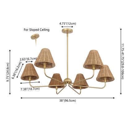 Pauline Coastal Contemporary Adjustable Swooping Arm Candle-Style Metal with Rattan Shades LED Chandelier