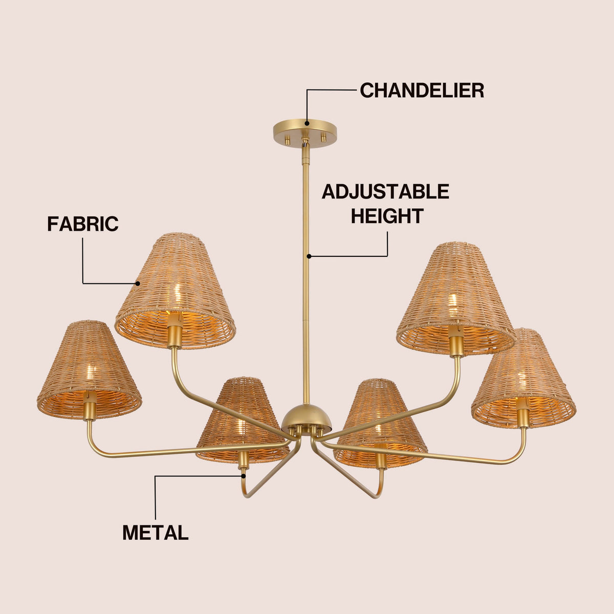 Pauline Coastal Contemporary Adjustable Swooping Arm Candle-Style Metal with Rattan Shades LED Chandelier
