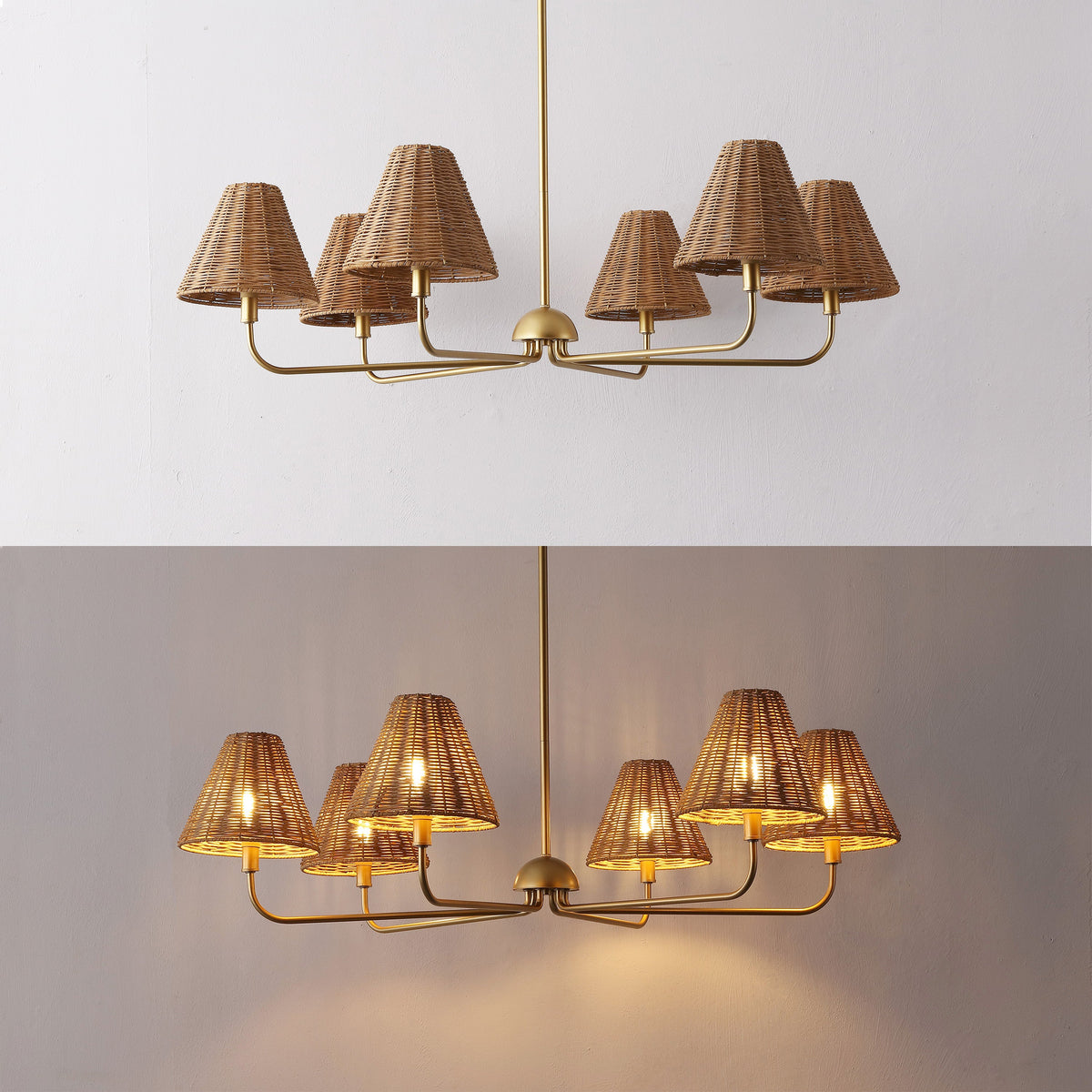 Pauline Coastal Contemporary Adjustable Swooping Arm Candle-Style Metal with Rattan Shades LED Chandelier