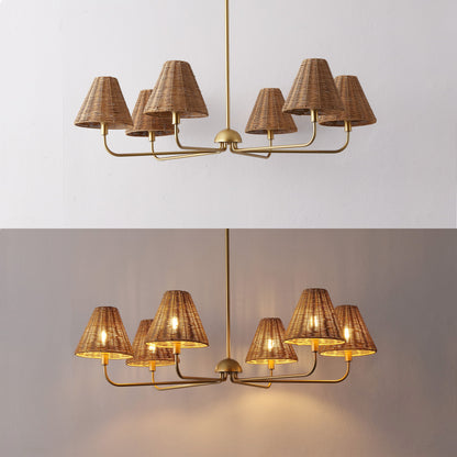 Pauline Coastal Contemporary Adjustable Swooping Arm Candle-Style Metal with Rattan Shades LED Chandelier