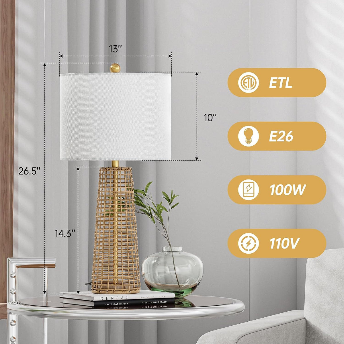 Boho Rattan Table Lamps with Linen Shades, Set of 2