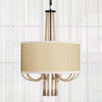 5-Light Boho Rattan Pendant Light with Wood Bead Tassels